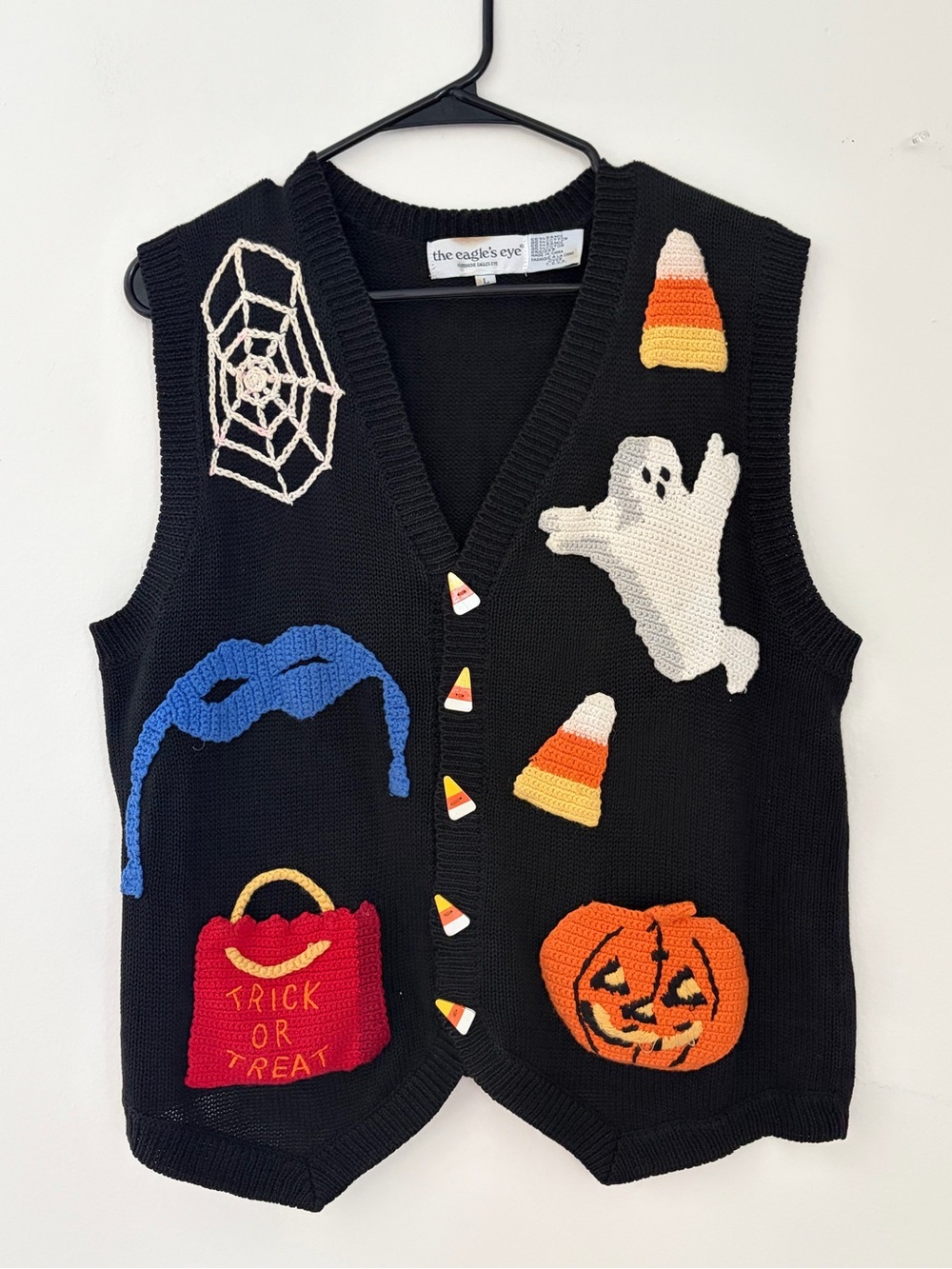 The Eagle's Eye vintage 1995 Black Halloween Crochet Vest with Ghost & Pumpkin